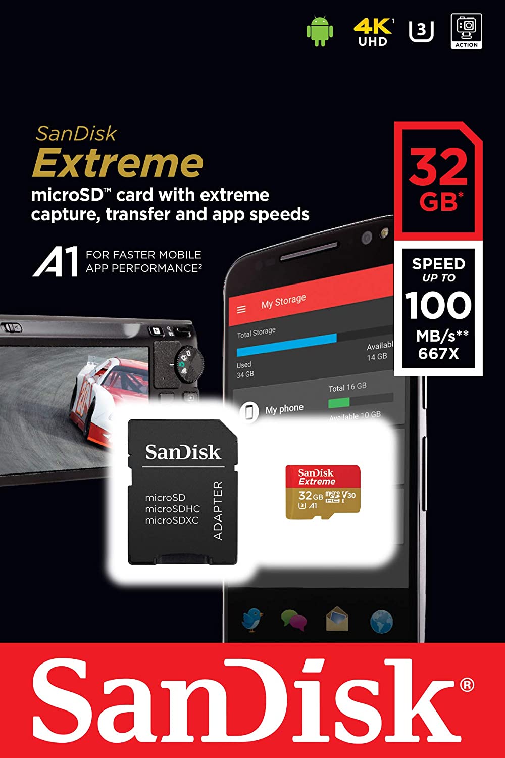 כרטיס זכרון סאנדיסק – Sandisk extreme – SDSQXVF-032G-GN6MA Micro SD